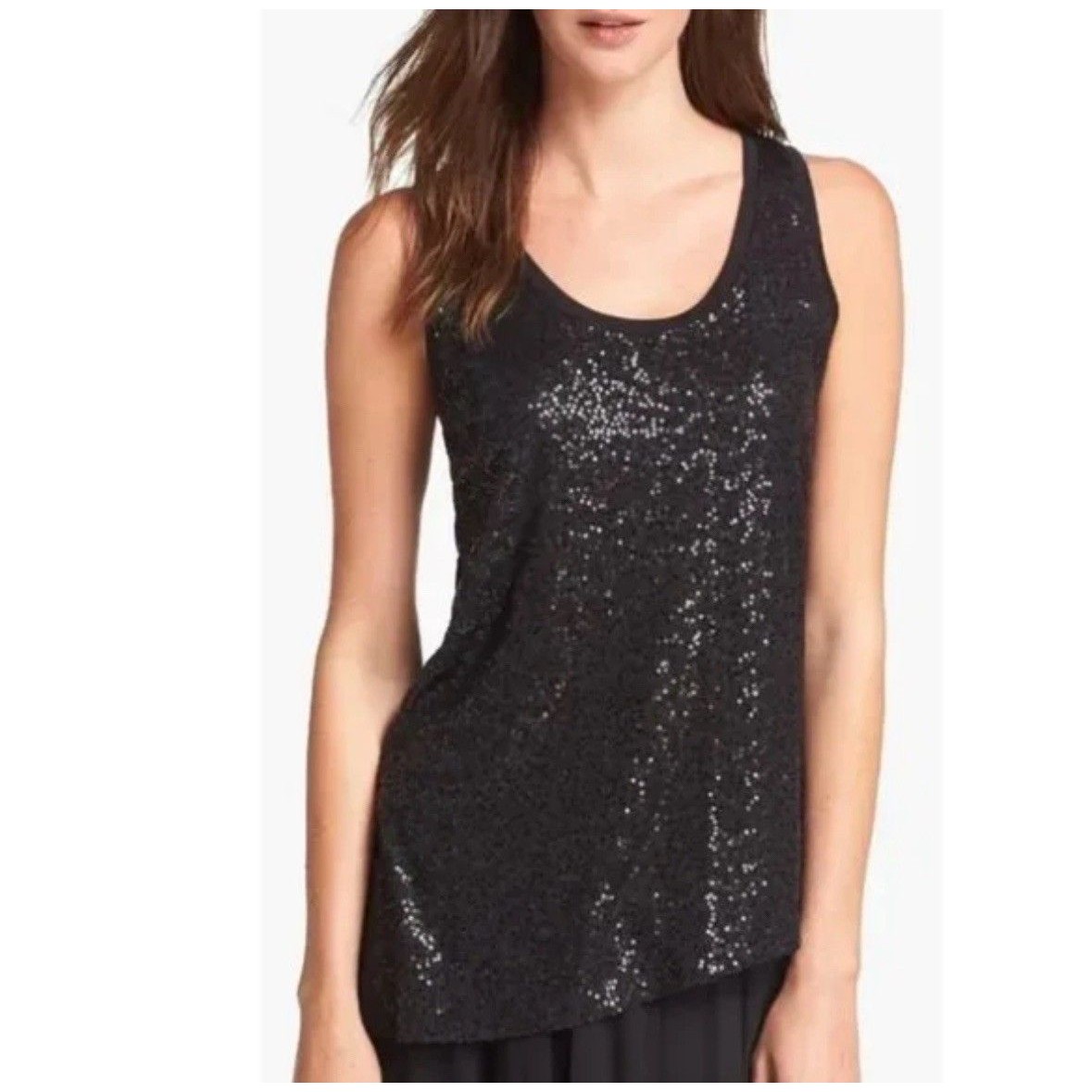Eileen Fisher Sequin Silk Stretch Tunic Tank Top Black Asymmetrical Size Small